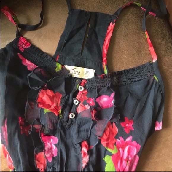 Hollister navy blue ruffle dress with roses - Picture 3 of 6